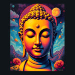 Colourful Surreal Pop Art | Guatama Buddha Poster<br><div class="desc">The painting depicts a surreal portrait of Buddha. The Buddha is surrounded by a colourful landscape with mountains,  flowers,  and planets in the surreal background. The overall mood of the image is tranquil.</div>