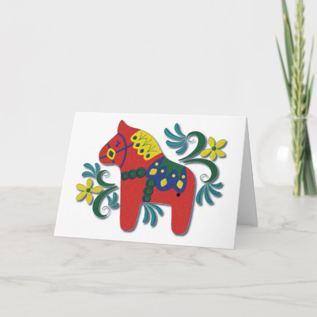 Colourful Swedish Dala Horse Holiday Card (Front)