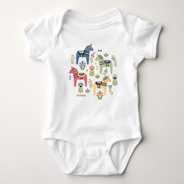 Colourful Swedish Dala Horses Baby Bodysuit (Front)