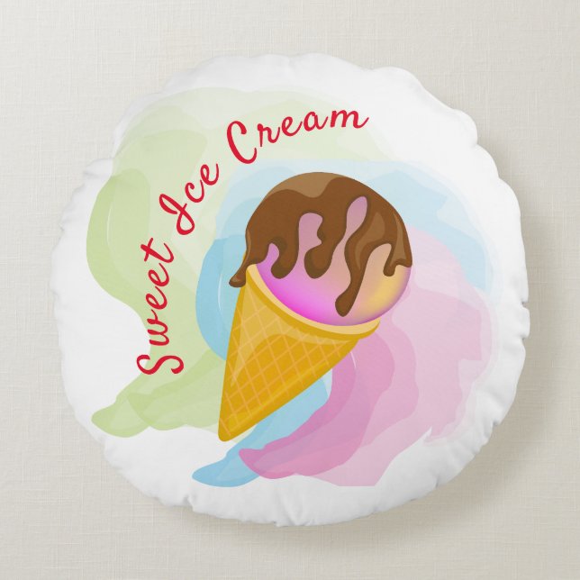 Colourful sweet ice cream in a cone round cushion (Front)