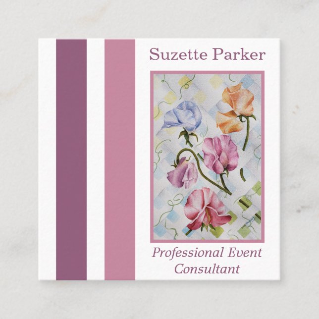 Colourful Sweet Pea Flowers Event Planner Square Business Card (Front)