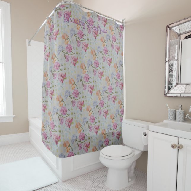 Colourful Sweet Peas Shower Curtain (In Situ)