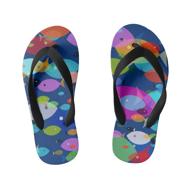 Colourful Swimming Fish Abstract Pattern Blue Kid's Jandals (Footbed)