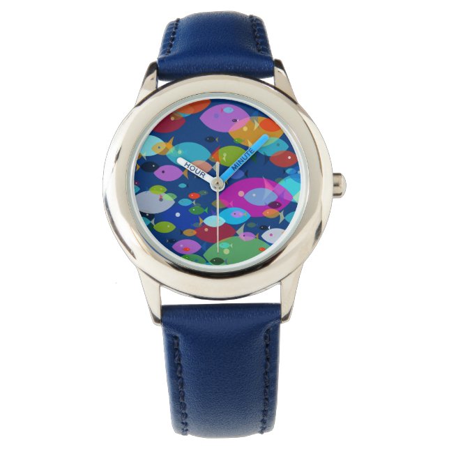 Colourful Swimming Fish Abstract Pattern Blue Watch (Front)