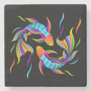 Colourful Swimming Fish or Yin and Yang Symbol Stone Coaster