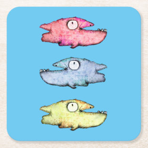 Colourful swimming happy fish square paper coaster