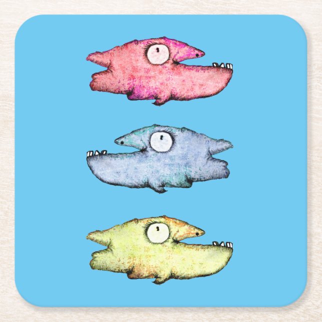 Colourful swimming happy fish square paper coaster (Front)