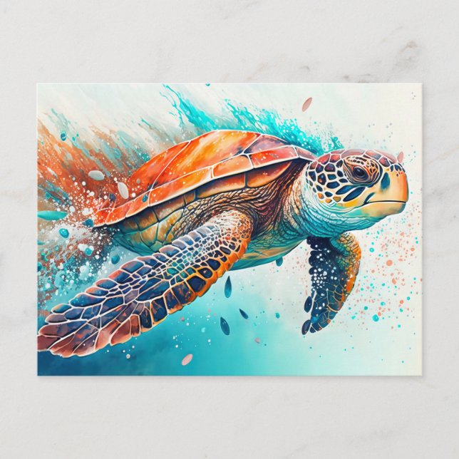 Colourful Swimming Sea Turtle Happy Birthday Postcard (Front)