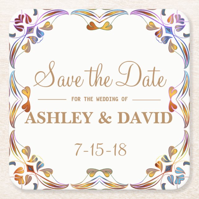 Colourful Swirl Border Save The Date Coaster (Front)