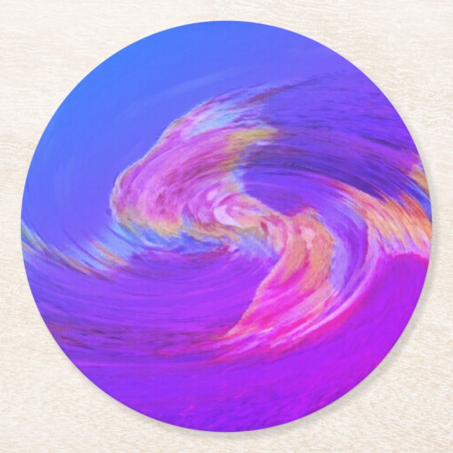 Colourful swirl psychedelic purple indigo fuscia round paper coaster (Front)