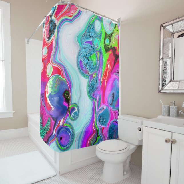 Colourful Swirls and Bubbles Marble Fluid Art    Shower Curtain (In Situ)