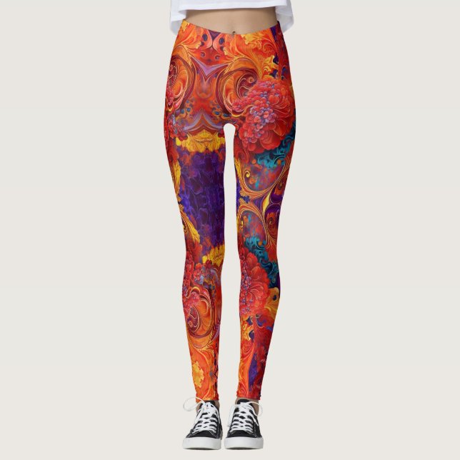 Colourful Swirls and Flowers Paint Pour Design Leggings (Front)