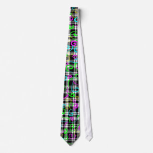Colourful Swirls on Black and White Plaid Tie