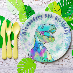 Colourful T-Rex Dinosaur 5th Birthday Party  Paper Plate
