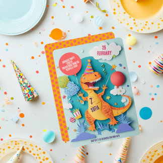 Colourful T-Rex Dinosaur Birthday Party Invitation