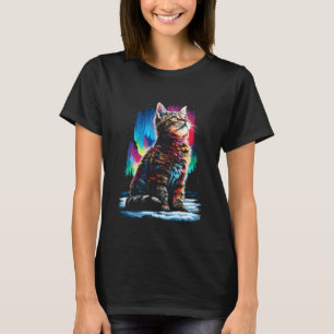 Colourful Tabby Cat Aurora Borealis Winter Forest T-Shirt