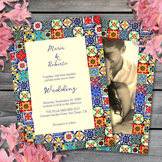 Colourful Talavera Tile with Floral Border Wedding Invitation (Creator Uploaded)