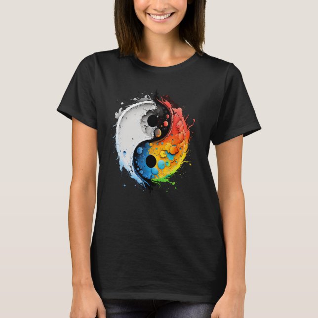 Colourful Taoism Yin Yang Splash on Zen Taijitu Yi T-Shirt (Front)