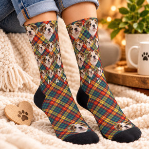 Colourful Tartan Plaid Pet Photo Name Socks