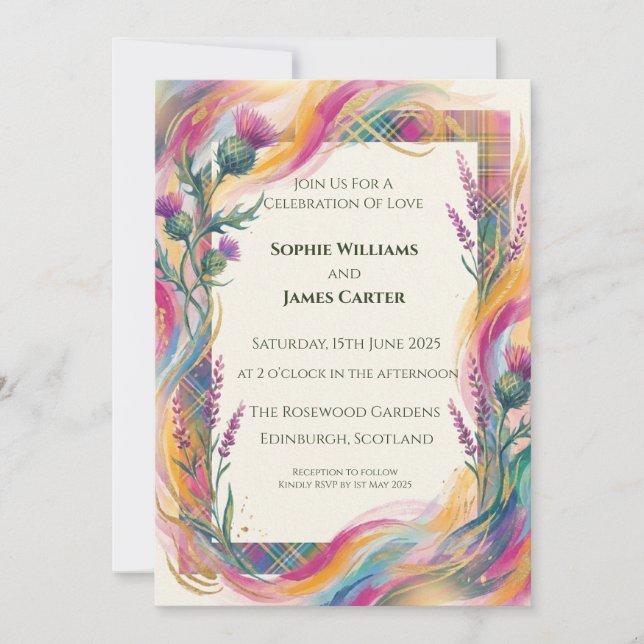 Colourful Tartan Thistle Wedding Invitation (Front)