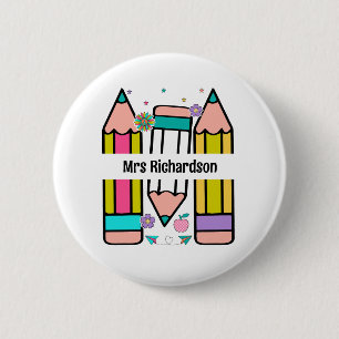 Colourful teacher name pencil cartoon 6 cm round badge