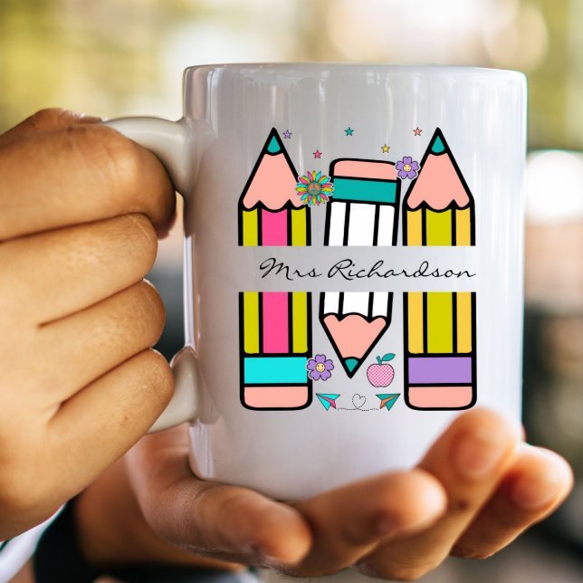 Colourful teacher name pencil cartoon  coffee mug (Creator Uploaded)