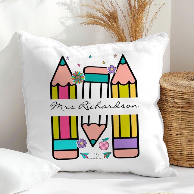 Colourful teacher name pencil cartoon  cushion (Creator Uploaded)