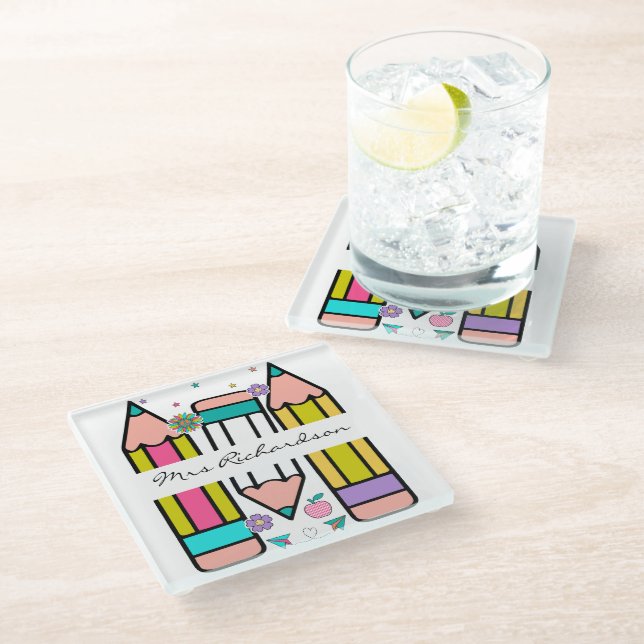 Colourful teacher name pencil cartoon  glass coaster (Angled)