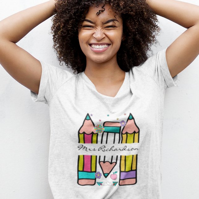 Colourful teacher name pencil cartoon t-shirt (Creator Uploaded)