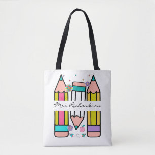 Colourful teacher name pencil cartoon  tote bag