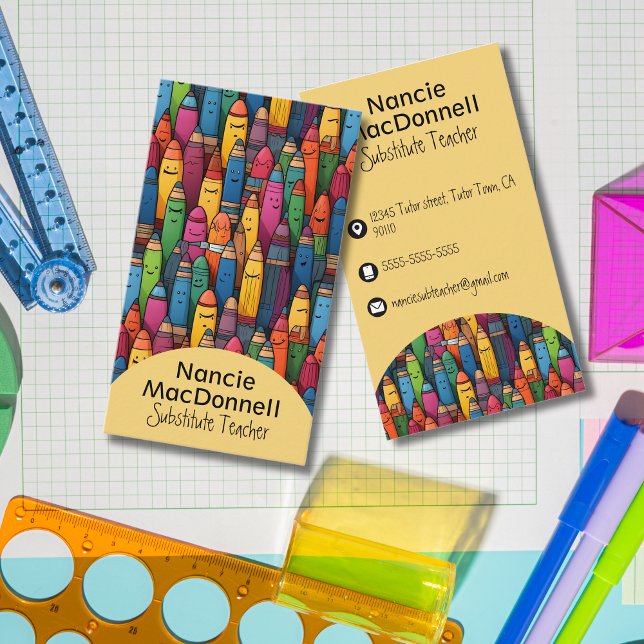 Colourful Teacher Tutoring Crayon Pattern Business Card (Creator Uploaded)