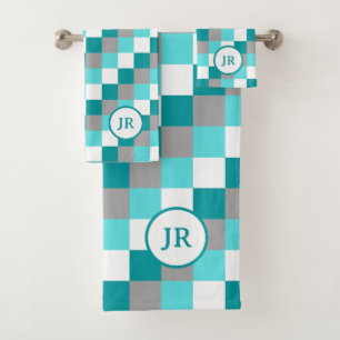 Colourful Teal and Aqua Chequered Matching Monogra Bath Towel Set
