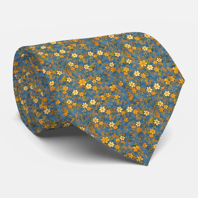 Colourful Teal and Gold Flowers Tie (Rolled)