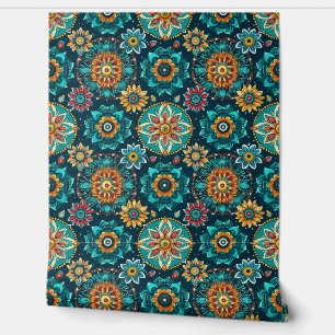 Colourful teal Modern Boho Watercolor Wallpaper