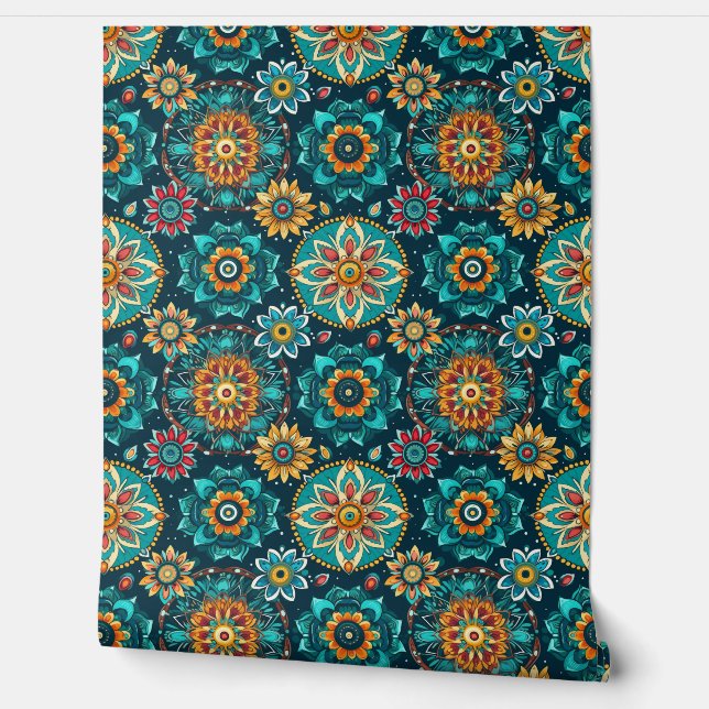 Colourful teal Modern Boho Watercolor  Wallpaper (Unrolling)