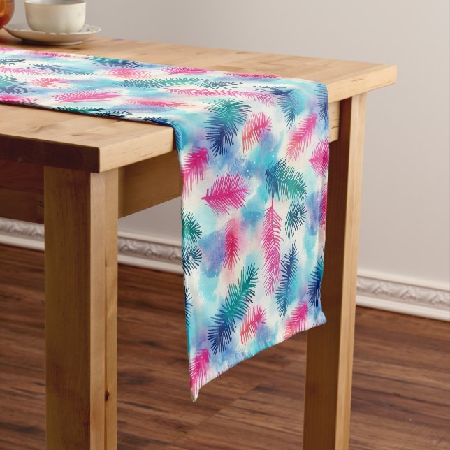 Colourful Teal, Pink and Purple Pine Twig Pattern Short Table Runner (In Situ)