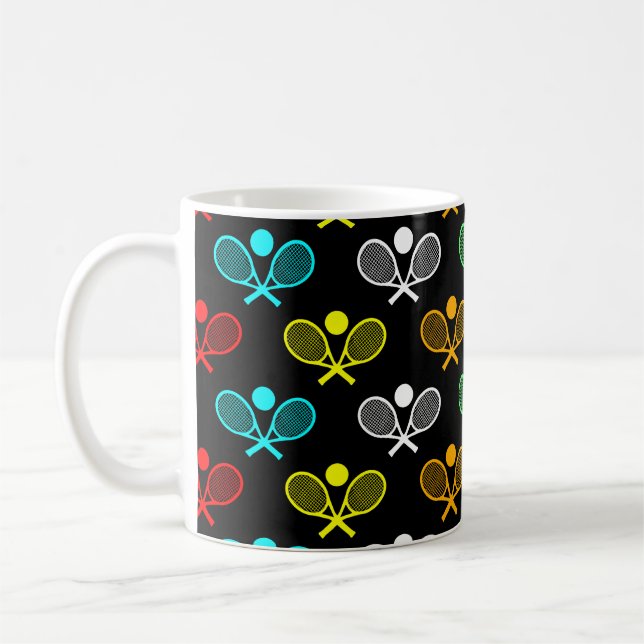 Colourful Tennis Seamless Pattern - Racket and Bal Coffee Mug (Left)