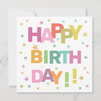 Colourful Text Confetti and Stars Happy Birthday