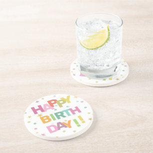 Colourful Text Confetti and Stars Happy Birthday Coaster
