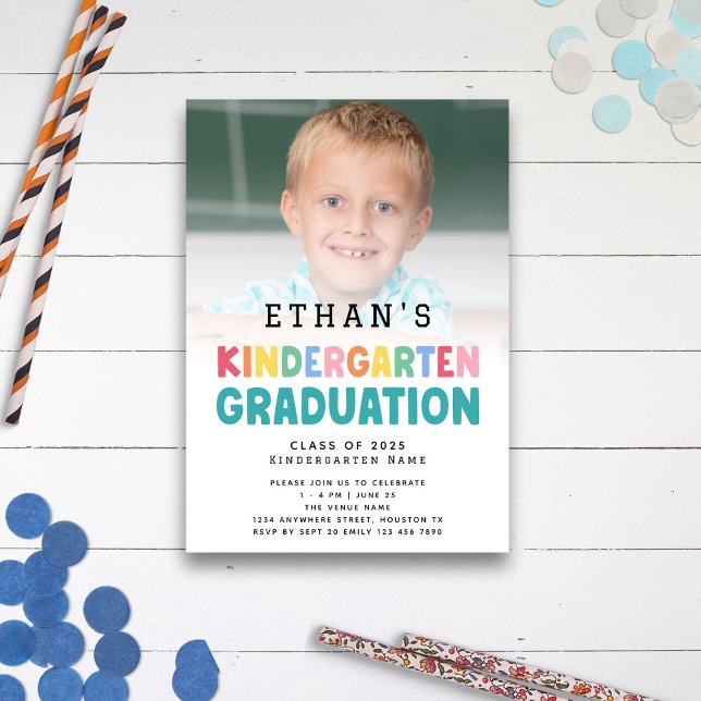 Colourful Text Photo Kindergarten Graduation  Invitation (main view)