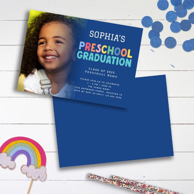 Colourful Text Photo Preschool Graduation Blue Invitation (pre school graduation card)