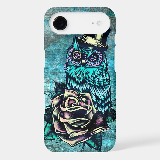 Colourful textured owl illustration on teal base. Case-Mate iPhone case (Back)