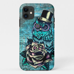 Colourful textured owl illustration on teal base. iPhone 11 case