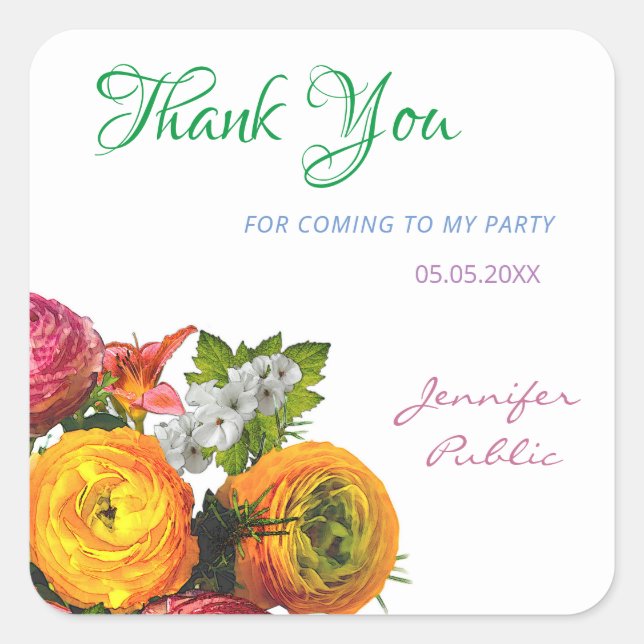 Colourful Thank You Watercolor Flowers Roses Scrip Square Sticker (Front)