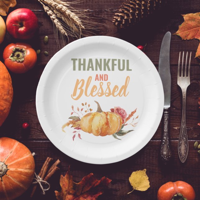 Colourful Thankful And Blessed With Pumpkin Gift Paper Plate (Creator Uploaded)