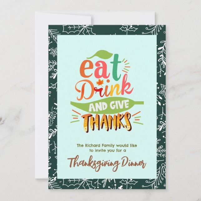 Colourful Thanksgiving Fest Dinner Green Invitation (Front)
