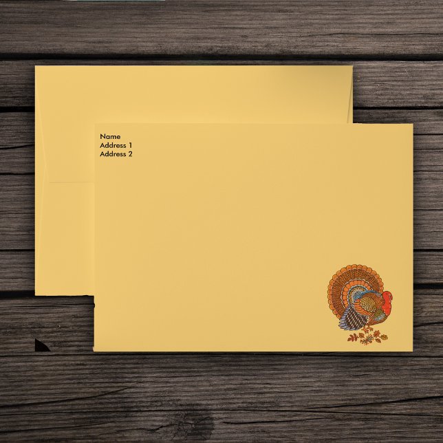 Colourful Thanksgiving Turkey Note Card Envelope (Thanksgiving male turnkey fanned tail Autumn Coloured feathers on golden yellow mailing envelopes.)