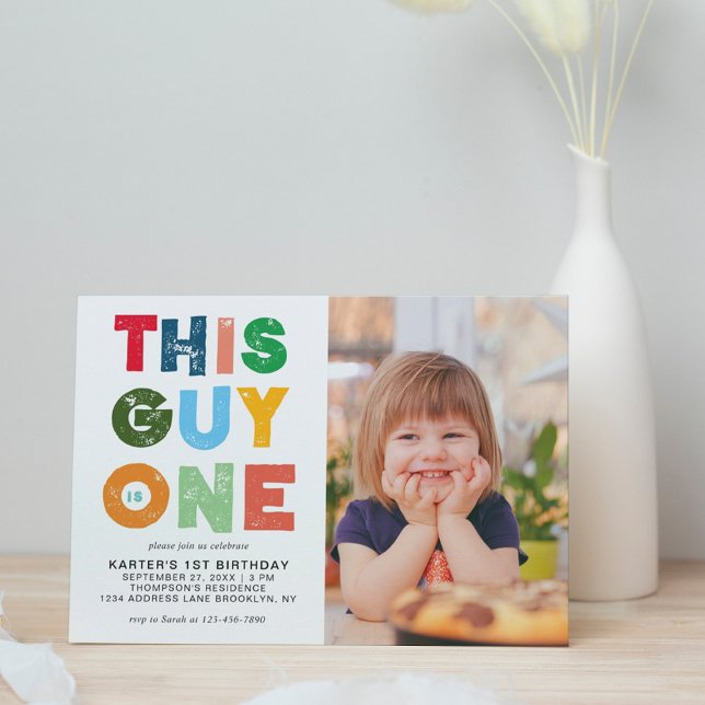 Colourful This Guy is One Boy Photo 1st Birthday Invitation (Creator Uploaded)