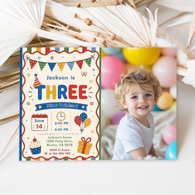 Colourful THREE 3rd Birthday Party Invitation (Creator Uploaded)