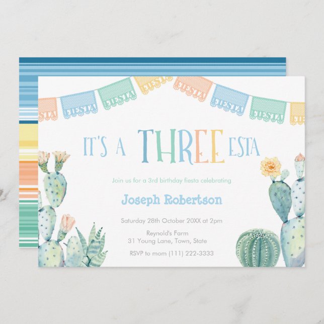 Colourful THREE-esta Mexican 3rd Birthday Party Invitation (Front/Back)